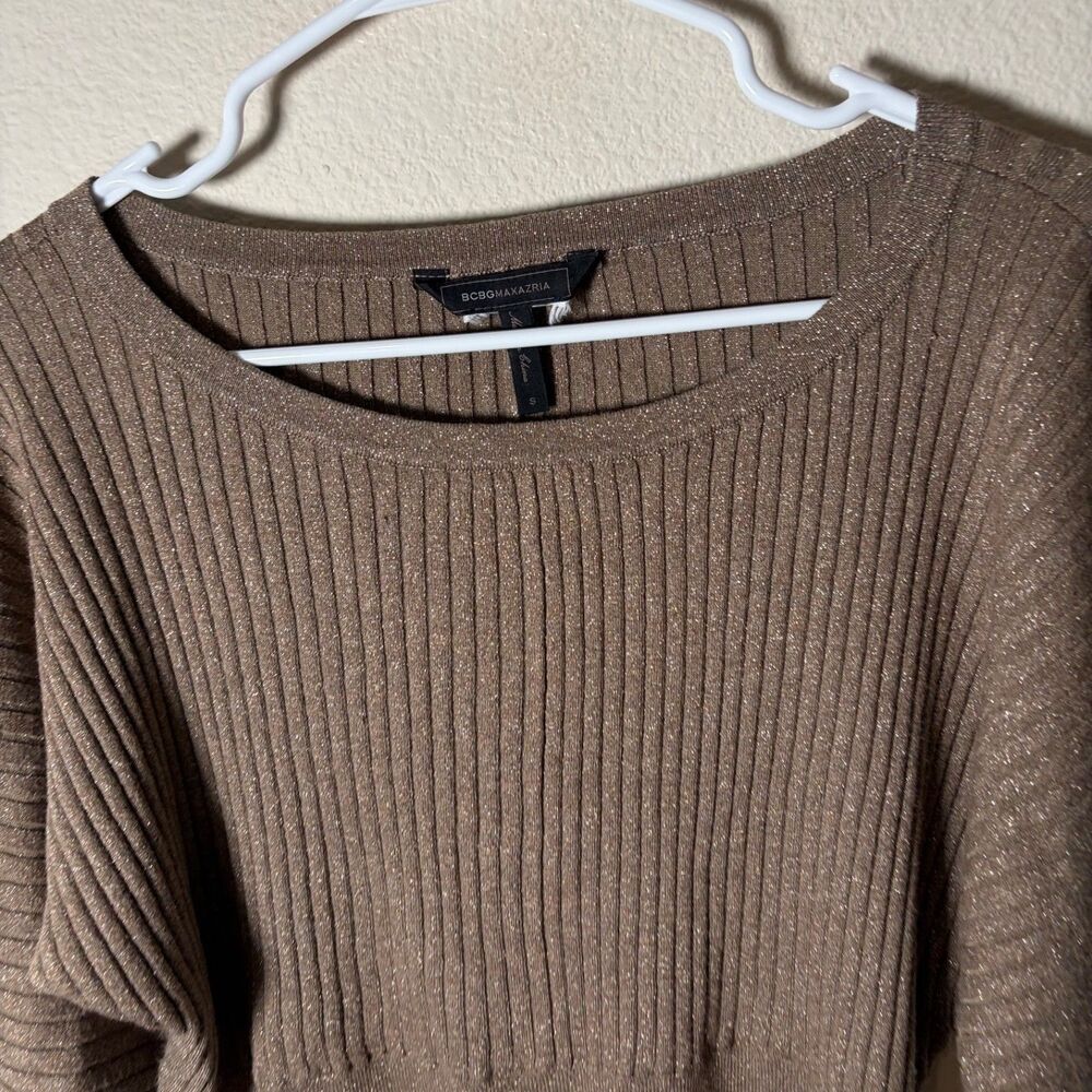 Bcbg Maxarzia Sweater Women's Small Brown Metallic Cropped Ribbed 3/4 Sleeve - Picture 3 of 7